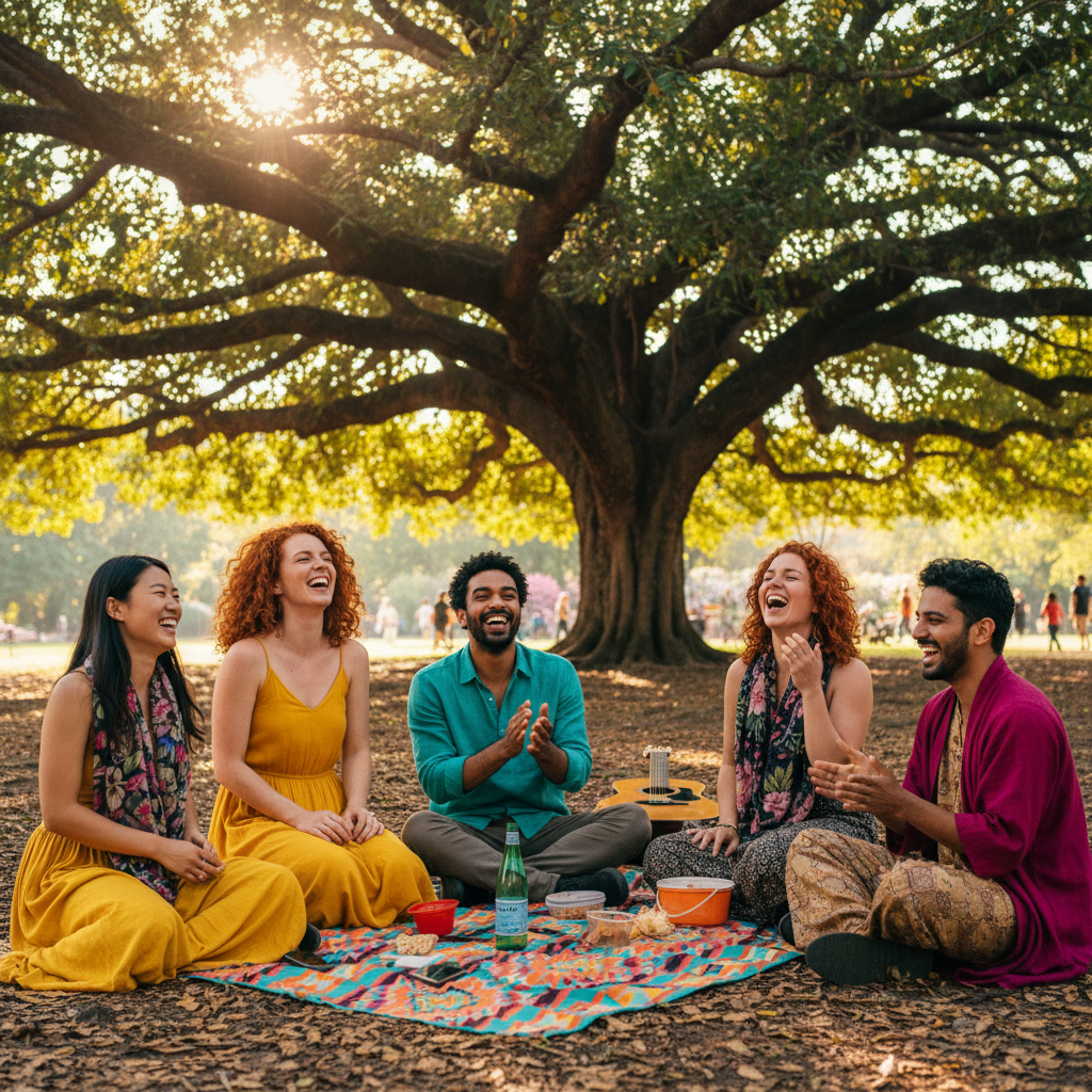 A group of diverse friends laughing and sharing a light moment under a large tree, vibrant colors, authentic emotions, photorealistic style.