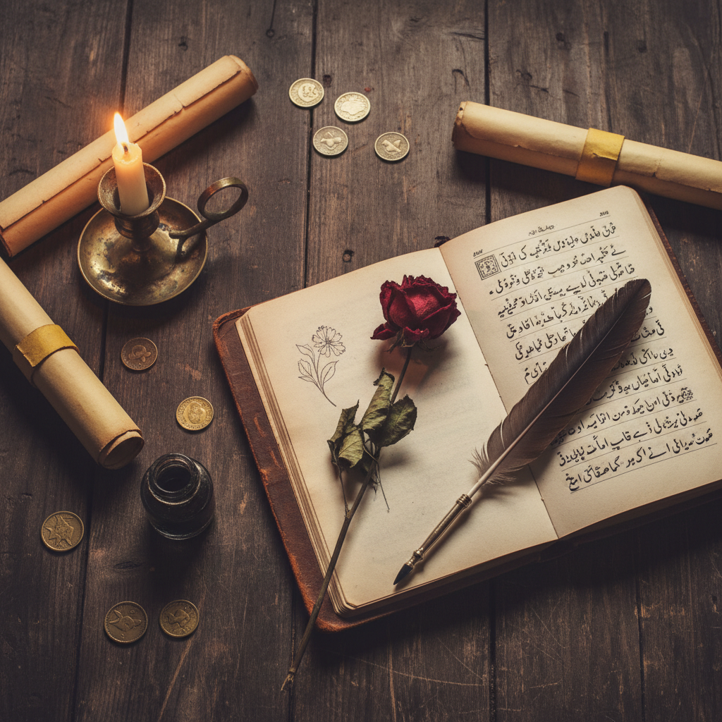 A vintage style flat lay with an old Urdu poetry book open, a quill pen, and a dried rose on a dark wooden background, warm candle light, nostalgic aesthetic.