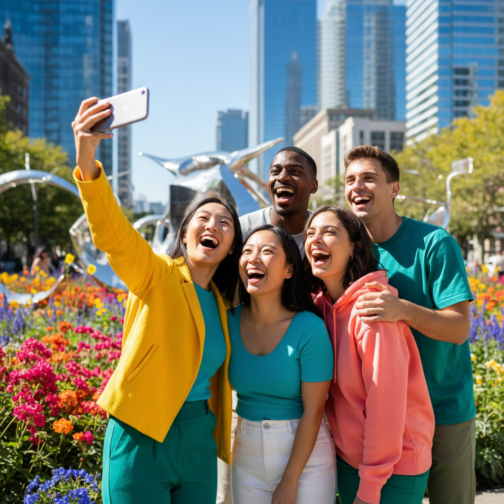 A modern group of multi-ethnic friends laughing and taking a selfie in a brightly lit urban park, vibrant colors, shallow depth of field, high resolution.