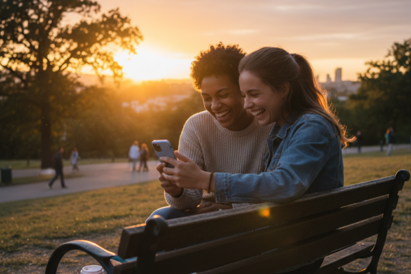A cinematic shot of two close friends sitting on a