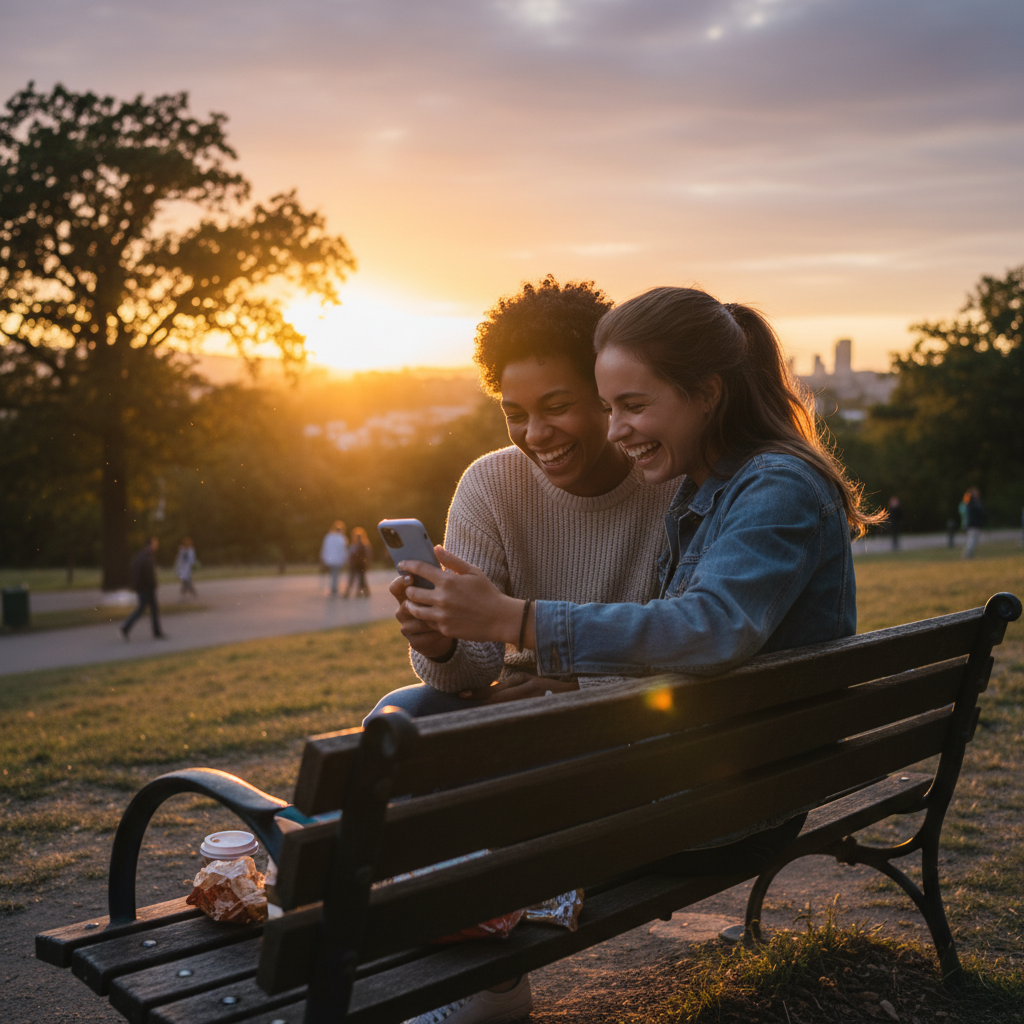 A cinematic shot of two close friends sitting on a