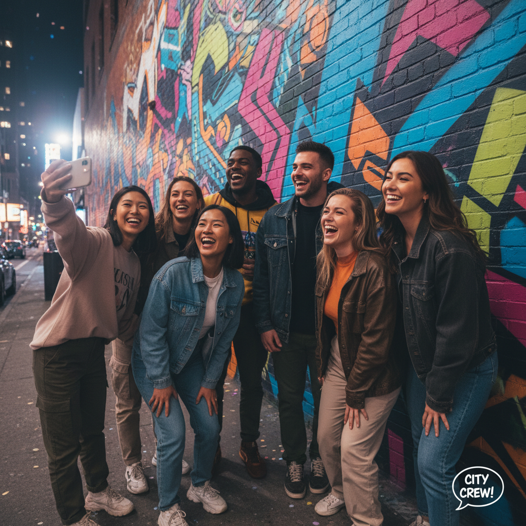 A group of diverse friends taking a joyful selfie in a vibrant urban setting, wearing trendy clothes, colorful graffiti wall in the background, candid and happy expressions.