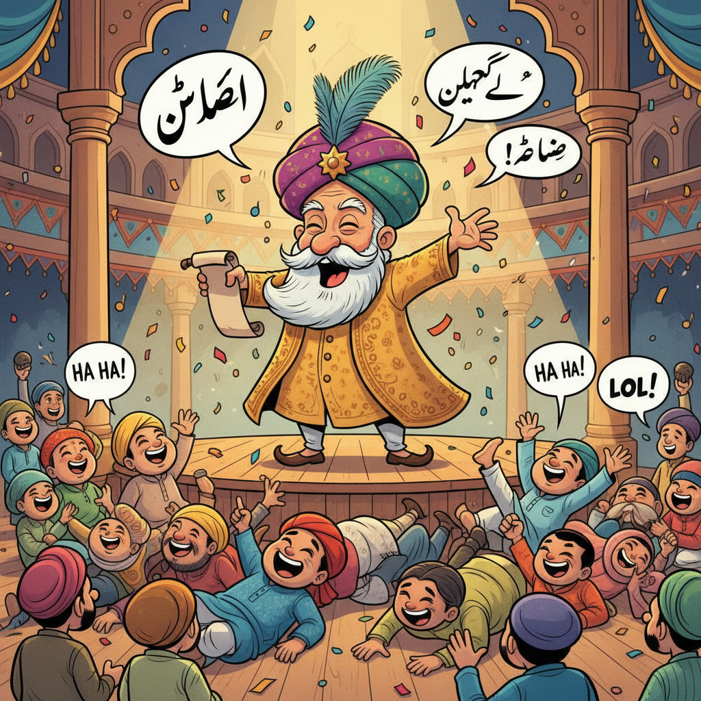 A humorous cartoon scene showing a traditional Urdu poet (Shayar) wearing a sherwani and a funny hat, reciting poetry on a stage while the audience is rolling on the floor with laughter, bright colors, comic style.