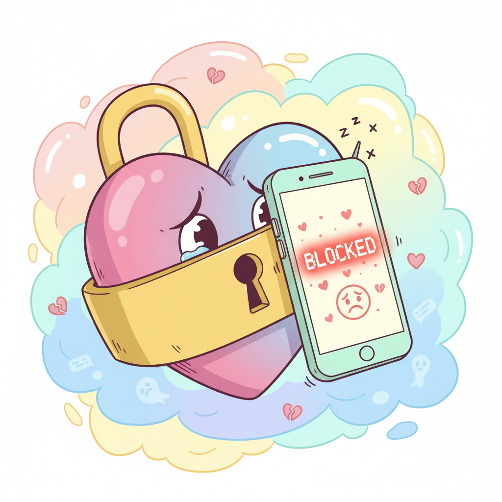 A funny conceptual image of a heart shape with a lock and a key, but the key is a mobile phone with a 'Blocked' notification on the screen, expressive cartoonish style, pastel colors.
