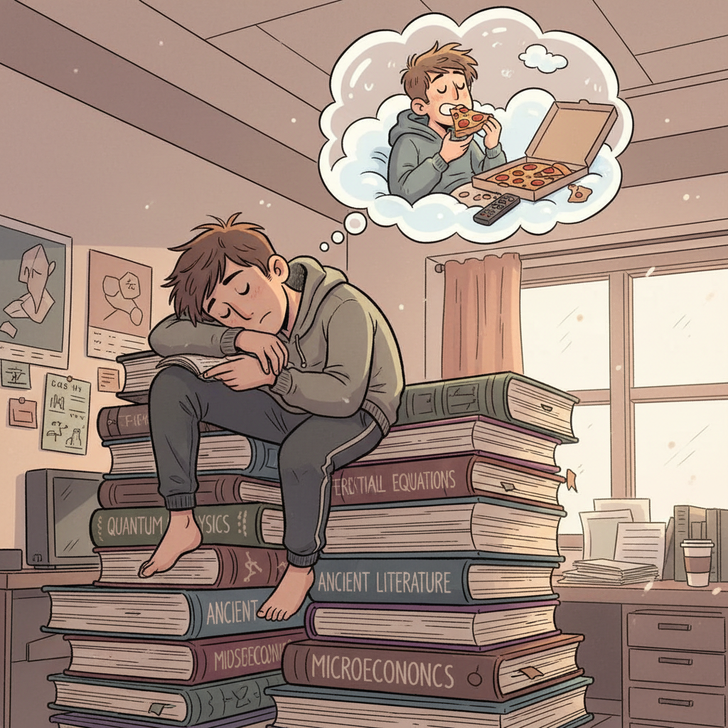 A comic illustration of a student sleeping on a pile of big textbooks with a dream bubble showing him eating pizza and relaxing, whimsical and relatable art style, high quality.
