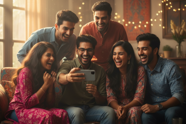 A group of diverse young South Asian friends sitti