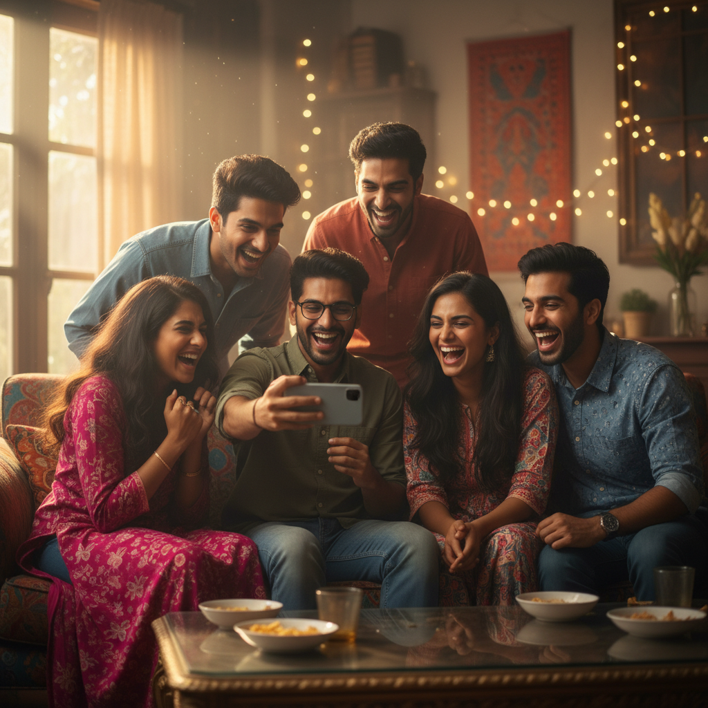 A group of diverse young South Asian friends sitti