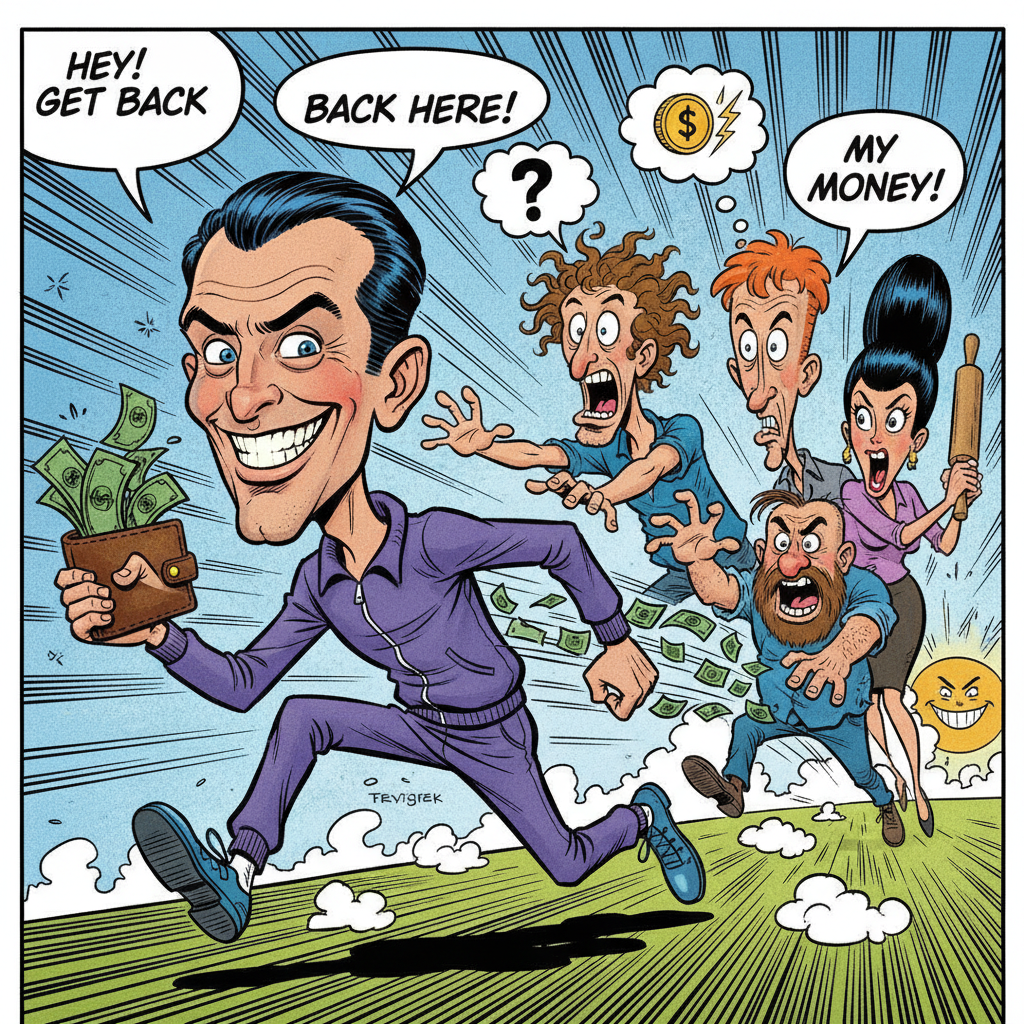 A funny caricature of a friend running away with a wallet while others chase him, colorful comic book style, exaggerated expressions.