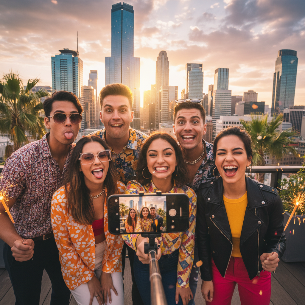 A stylish group of friends taking a crazy selfie with funny faces, city skyline in the background, bright and cheerful atmosphere.