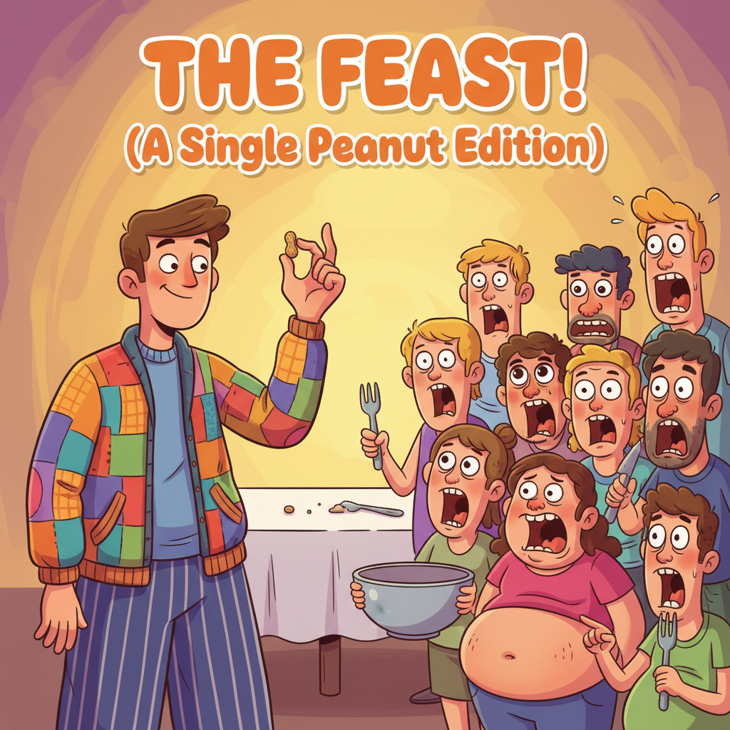 A humorous illustration of a person presenting a single small peanut as a 'treat' to a large group of hungry friends, vibrant colors, expressive cartoon style.