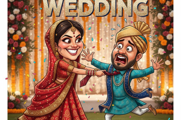 A hilarious caricature of a South Asian wedding co