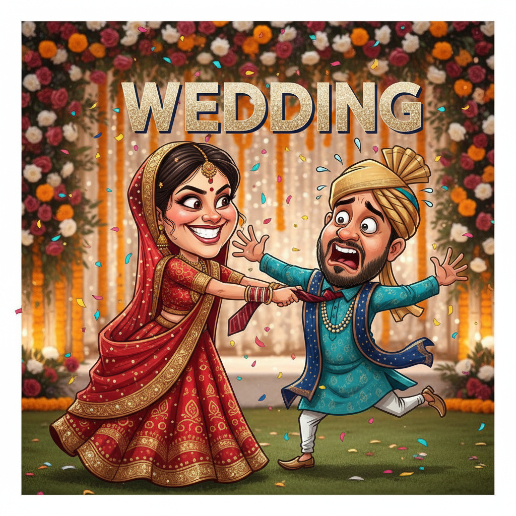 A hilarious caricature of a South Asian wedding co