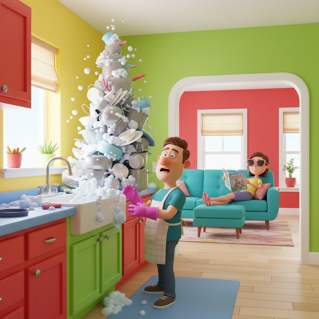 A funny 3D illustration of a husband wearing pink gloves and washing a huge mountain of dishes in the kitchen while the wife sits comfortably on a sofa in the background reading a magazine, vibrant colors.