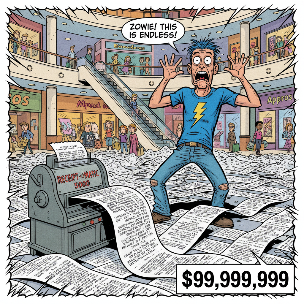 A comic-style illustration of a man looking shocked at an incredibly long shopping receipt that is rolling out of a machine and covering the floor, with a shopping mall background.