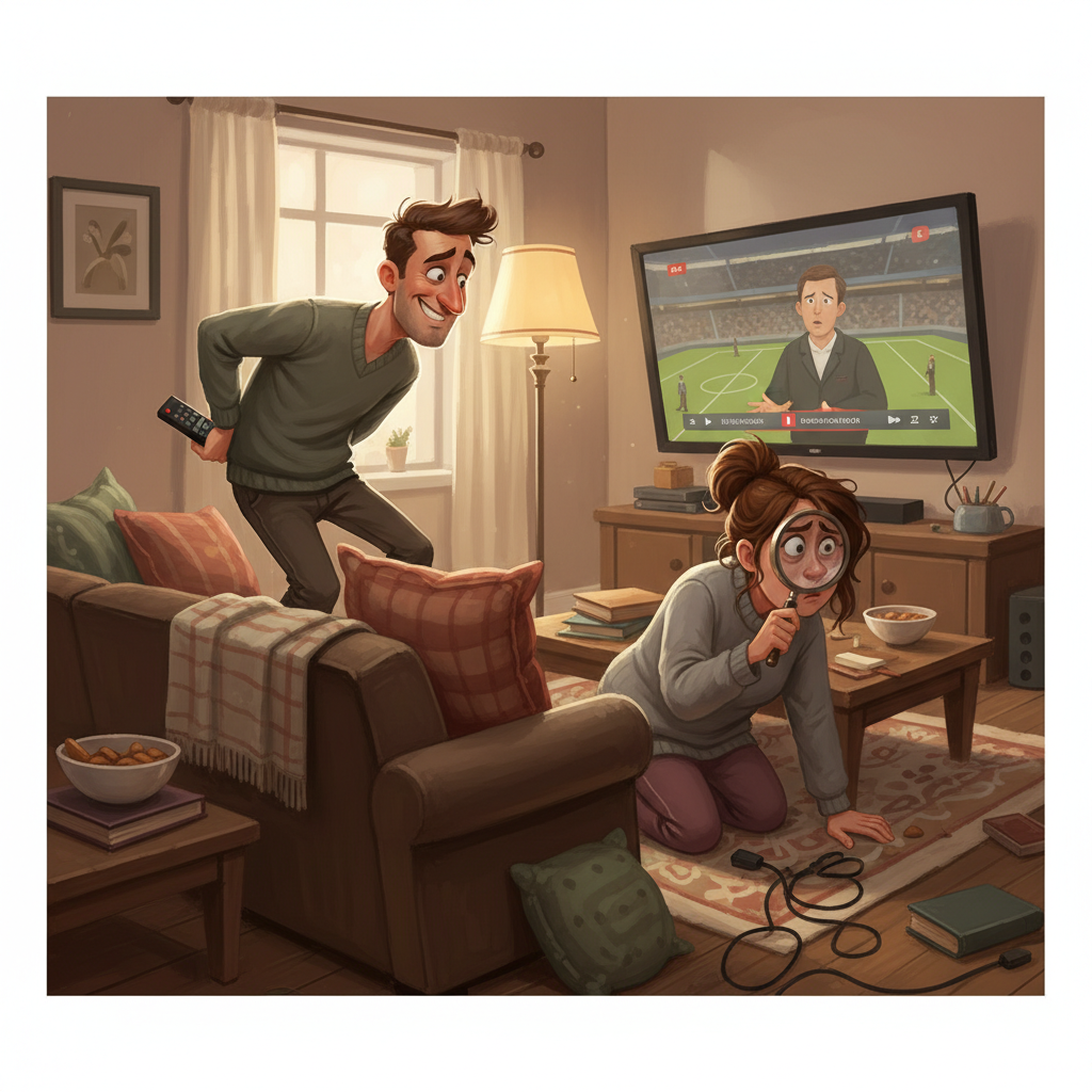 A digital painting of a couple sitting on a couch, the husband is hiding the TV remote behind his back while the wife is looking for it with a magnifying glass, humorous and expressive faces, cozy living room setting.
