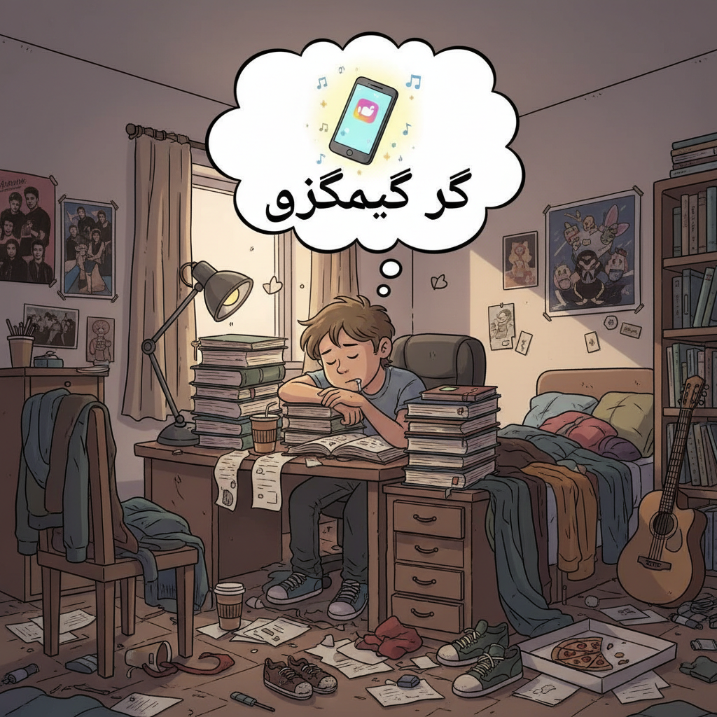 A humorous cartoon illustration of a messy student room, a student sleeping on books with a thought bubble showing a mobile phone, Urdu typography 'Kal Parhunga', comic style.