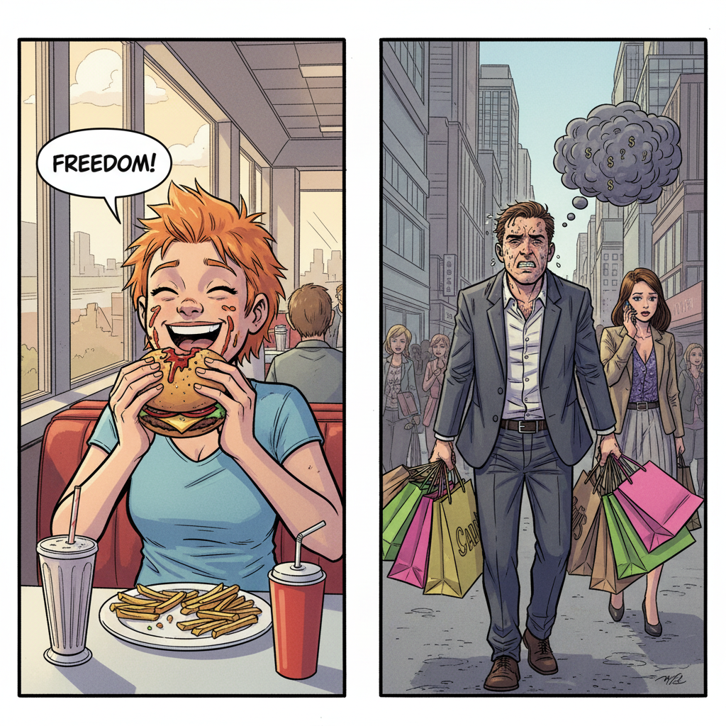 A split-screen comic illustration: one side shows a happy single person eating a burger alone, the other side shows a stressed guy carrying 10 shopping bags for a girl, bright colors.