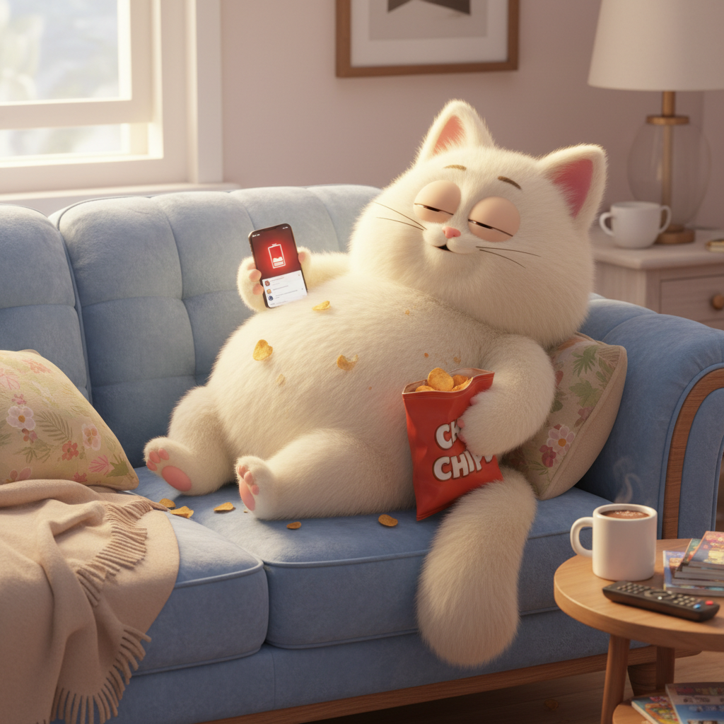 A cute 3D character lying lazily on a sofa, eyes half-closed, scrolling on a phone with a low battery icon, humorous atmosphere, soft lighting.