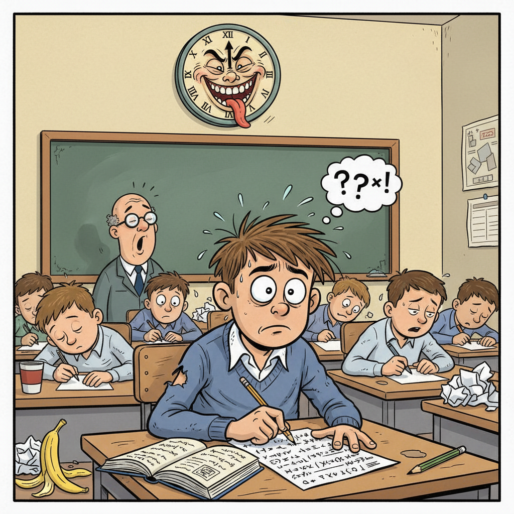 A funny illustration of a student in an examination hall looking confused at a paper while a clock on the wall transforms into a laughing face.