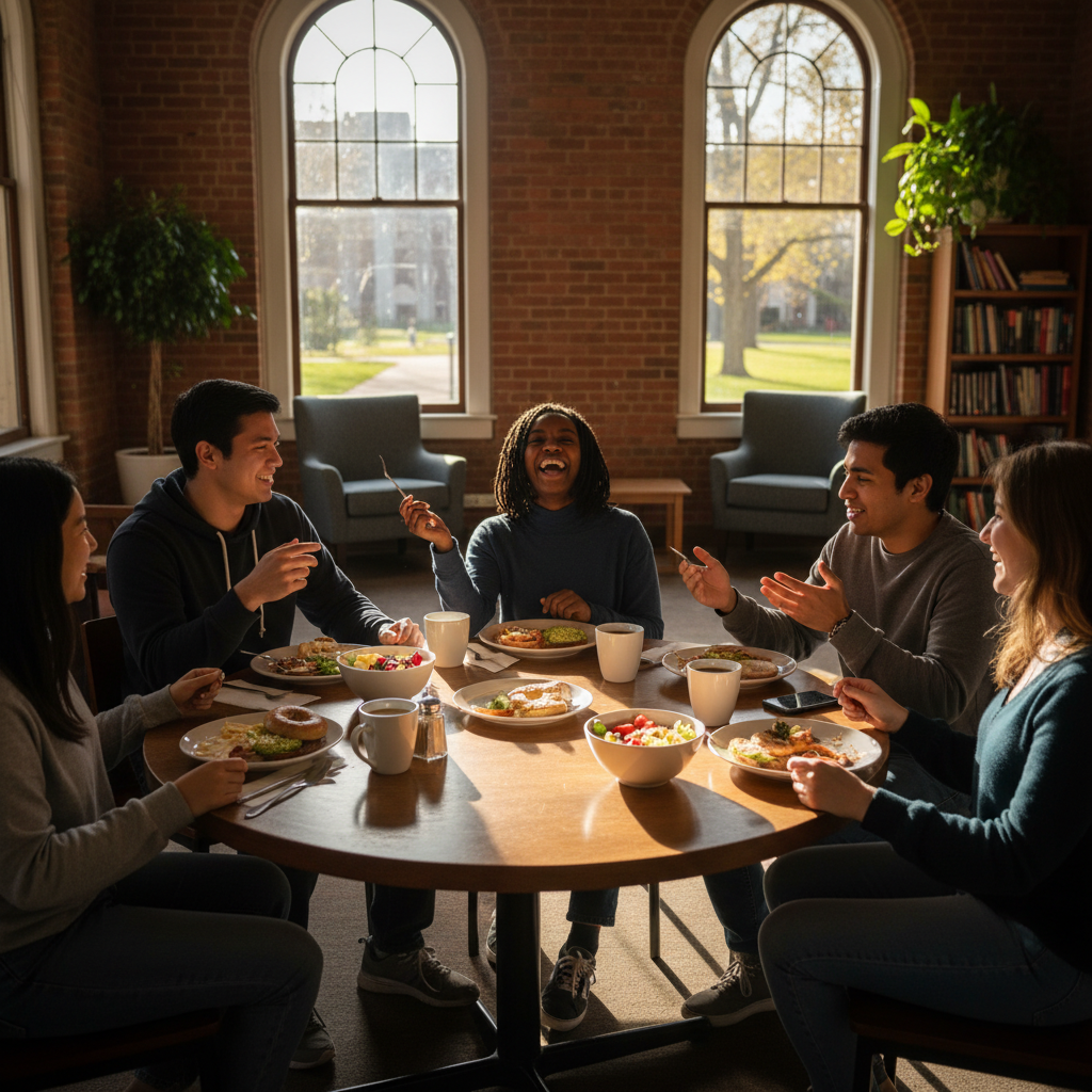 A group of diverse college students laughing and eating together at a university cafe, sunlight streaming through windows, joyful atmosphere.