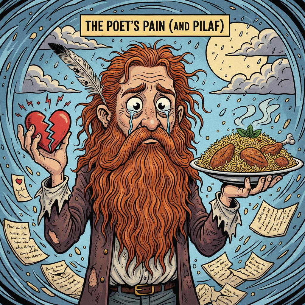 A funny caricature of a romantic poet with a messy beard, holding a broken heart and a plate of biryani, comic book style, expressive facial expressions.