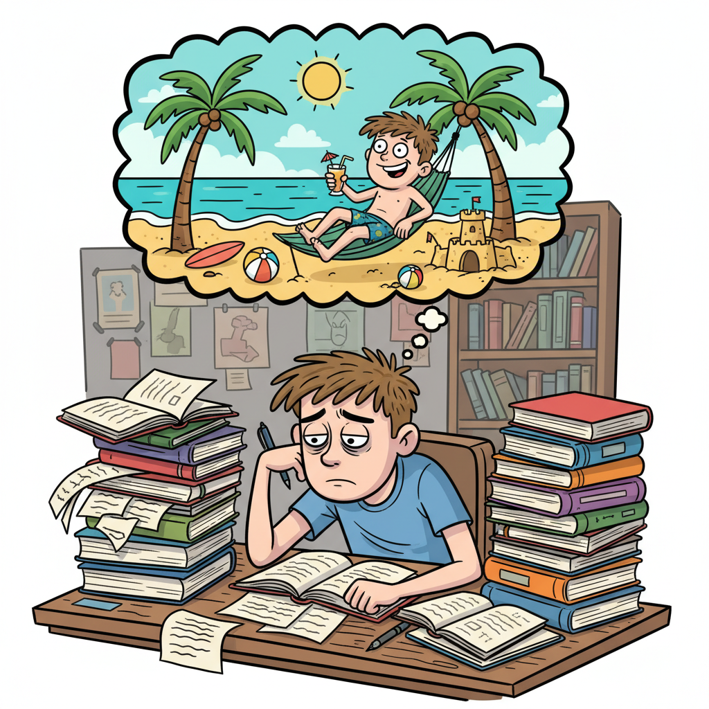 An exhausted student at a desk covered in books, with a funny thought bubble showing him dreaming of a beach and a summer holiday, colorful cartoon style.