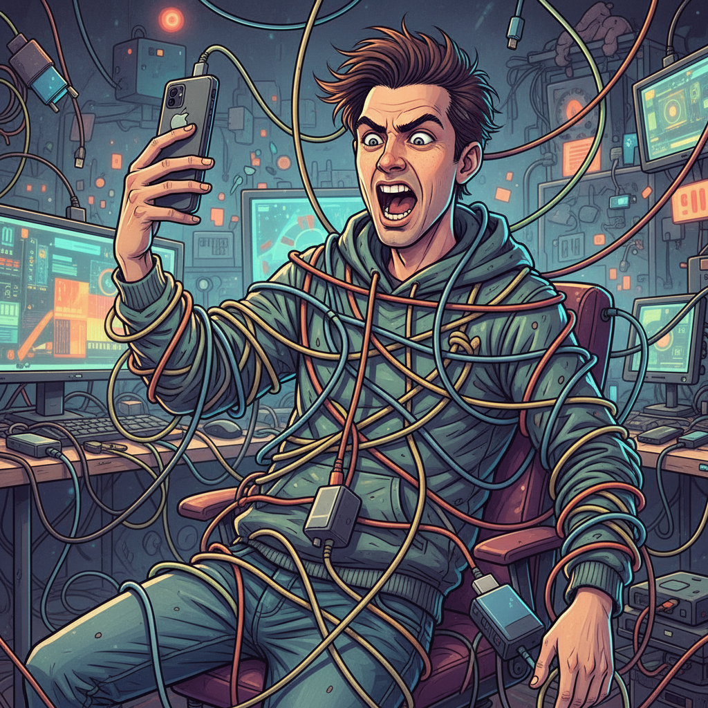 A person tangled in several smartphone charging cables while trying to capture a perfect selfie, frustrated but funny expression, modern digital art style.