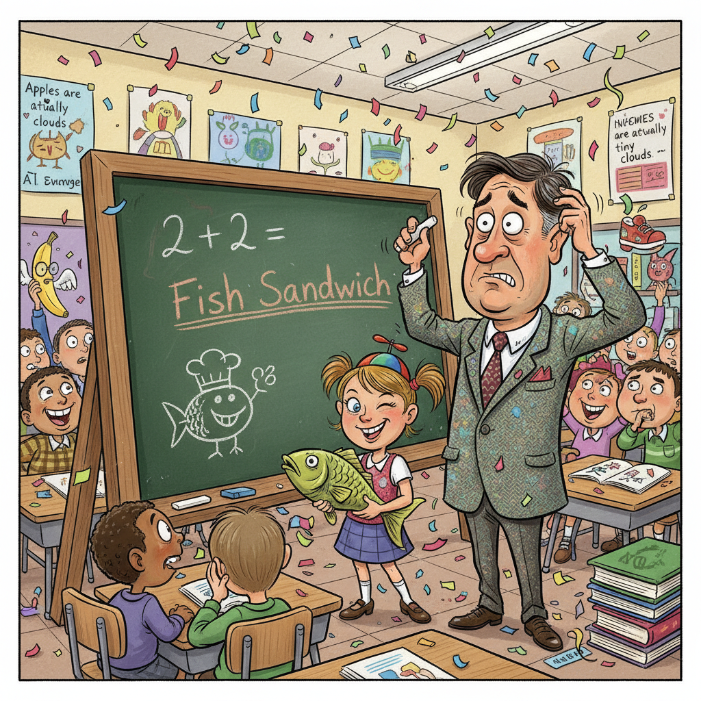 A funny classroom scene caricature where a teacher is confused by a student's silly answer written on the blackboard, cartoon style, bright colors.