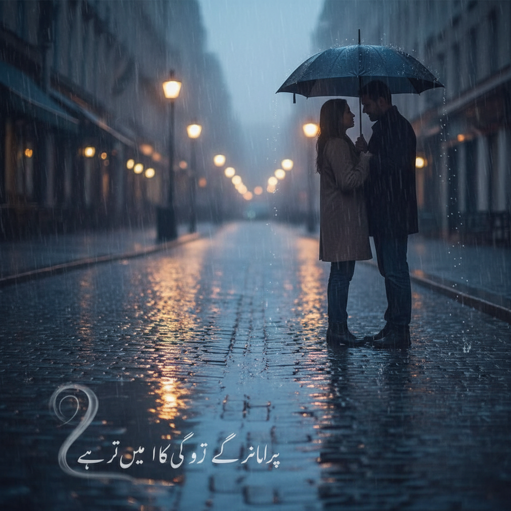 A romantic scene of a couple standing under a large black umbrella during a soft evening rain, city street lights reflected in puddles, soft focus, dreamy atmosphere, Roman Urdu poetry vibes.