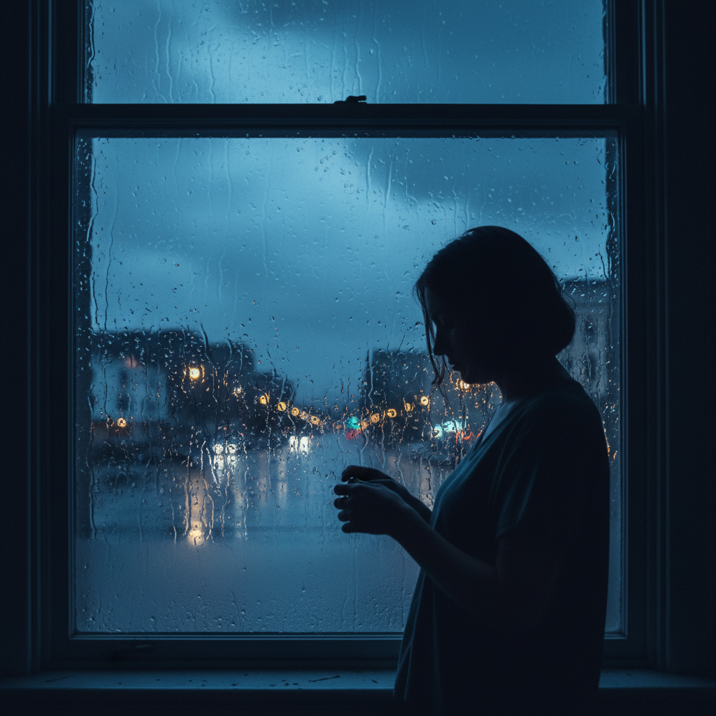A melancholic and artistic image of a person's silhouette looking out of a window during a heavy storm, dark and moody blue tones, raindrops creating patterns on the glass, feeling of longing and sadness.