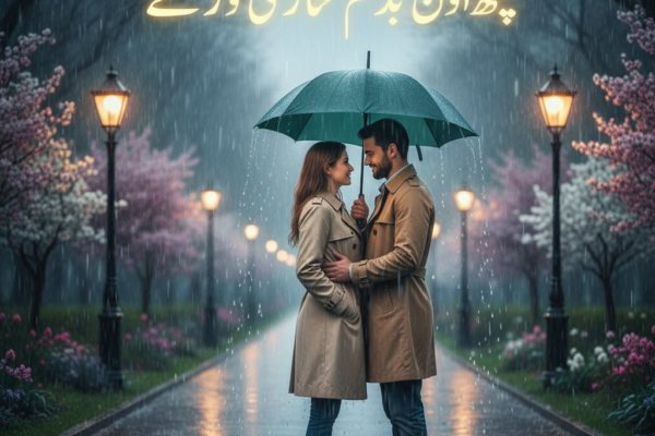 A romantic couple standing under a shared umbrella