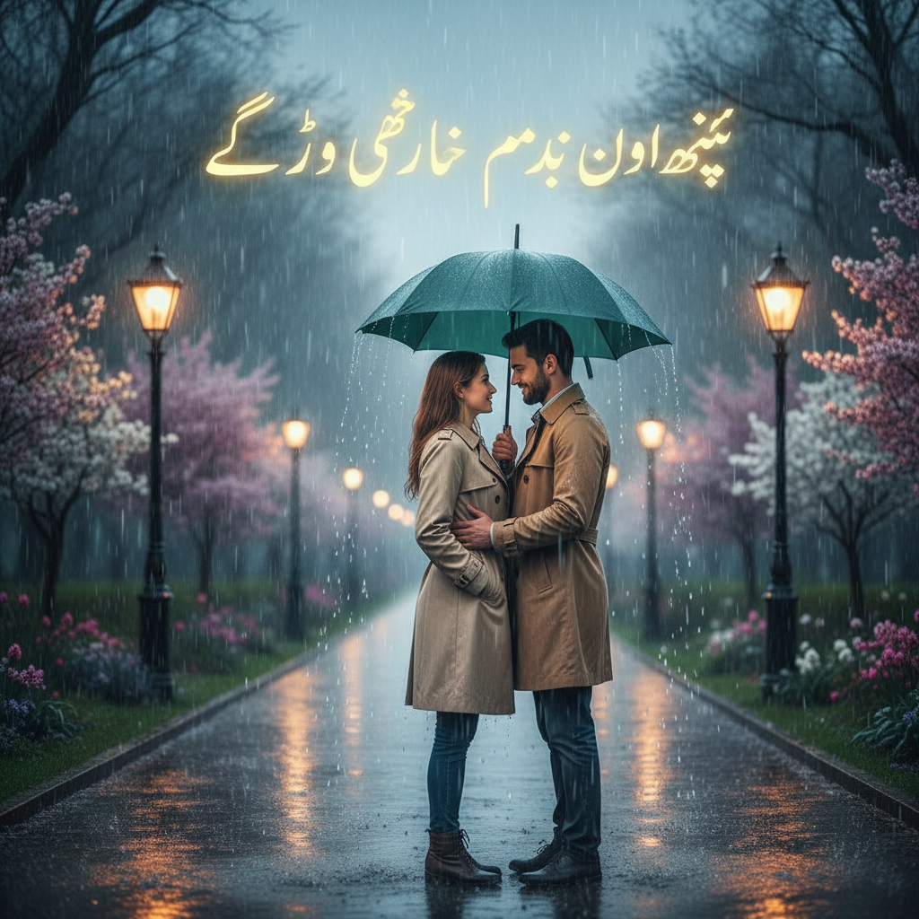 A romantic couple standing under a shared umbrella