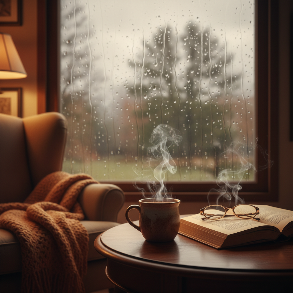 A cozy indoor scene with a rainy window, a steaming cup of tea (chai) on a wooden table, an open book, and raindrops sliding down the glass, warm and melancholic atmosphere.
