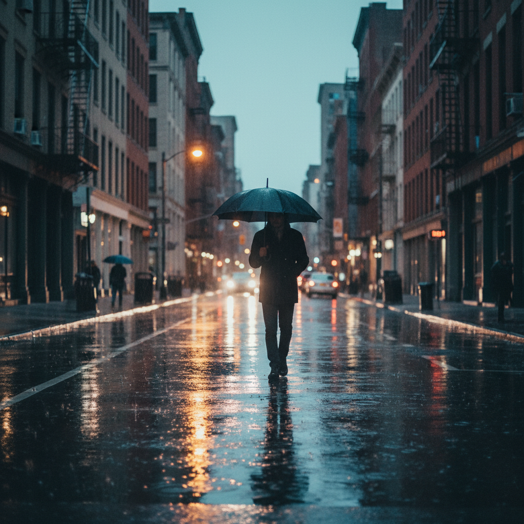 A lonely figure walking with an umbrella on a wet street at night, city lights reflecting in puddles, cinematic mood, evoking a sense of nostalgia and sadness.