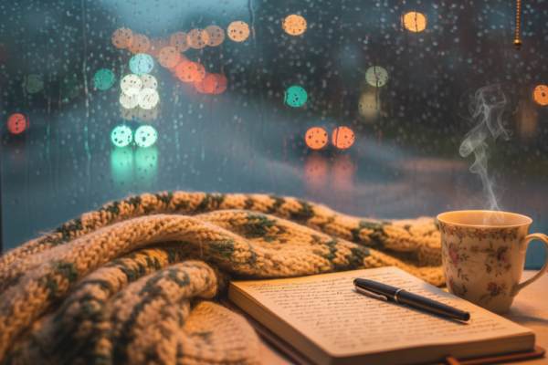 A cozy rainy window view with a notebook, a cup of
