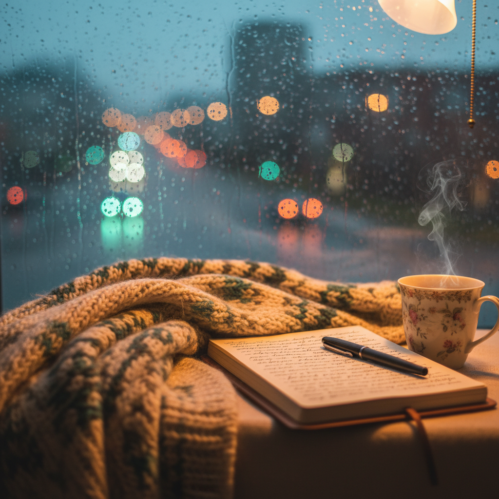 A cozy rainy window view with a notebook, a cup of