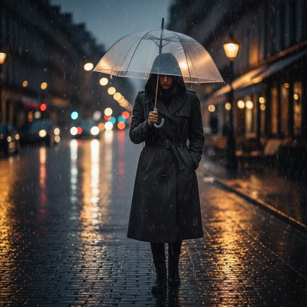 A person holding a transparent umbrella walking on a street during rain at night, city lights bokeh background, melancholic and poetic vibe.
