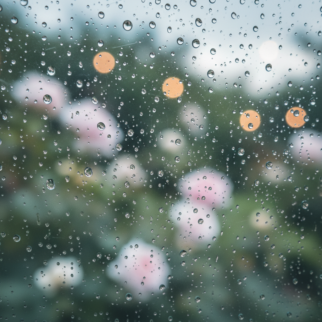 Close up of water droplets on a window pane with a blurred garden in the background, romantic and serene mood, macro photography style.