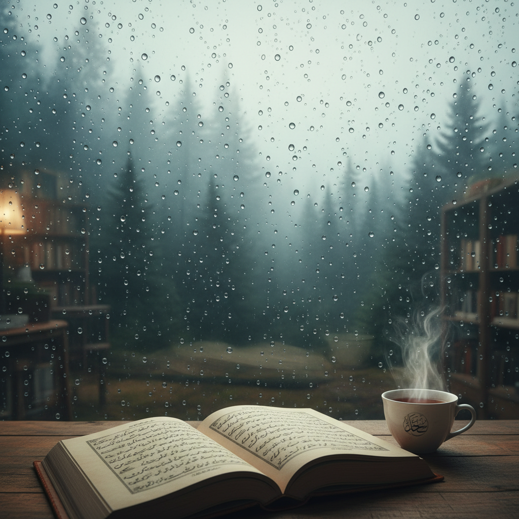A wide-angle cinematic shot of raindrops on a glas