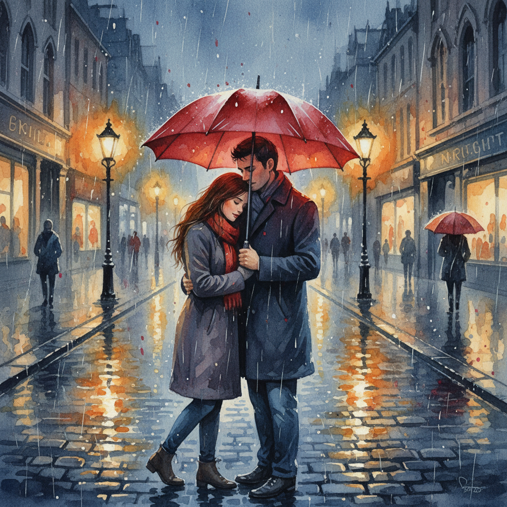 A romantic illustration of a couple standing under a red umbrella in a rainy street at night, warm streetlights reflecting in puddles, watercolor painting style, emotional and artistic.