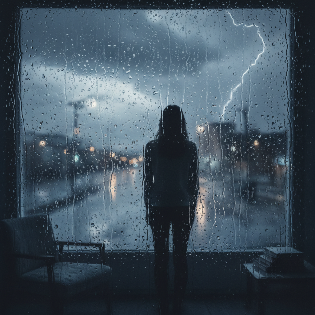 A lonely person looking out of a window during heavy rain, cold blue and grey tones, focus on raindrops on the glass, melancholic and poetic atmosphere.