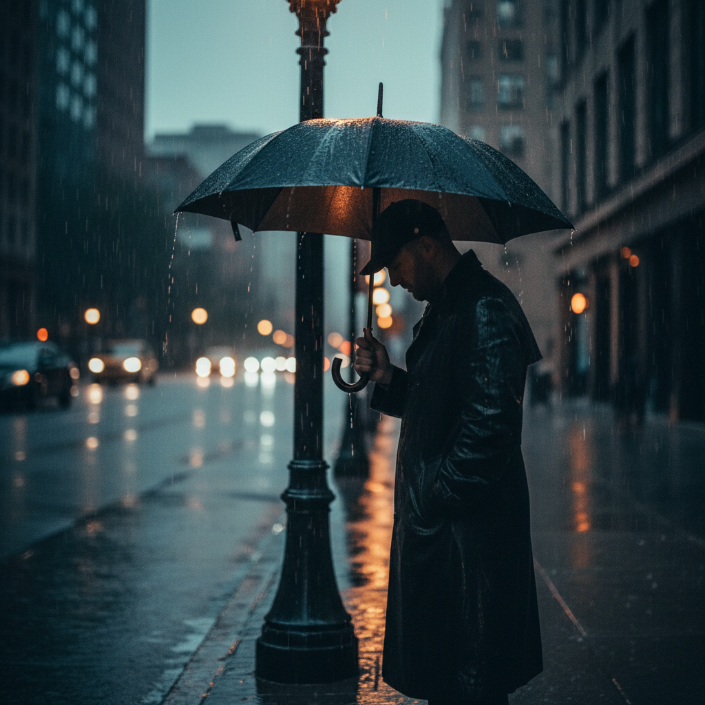 A lonely person standing under a lamp post in heavy rain, holding a black umbrella, dark cinematic lighting, street photography style, expressing deep sadness and solitude.