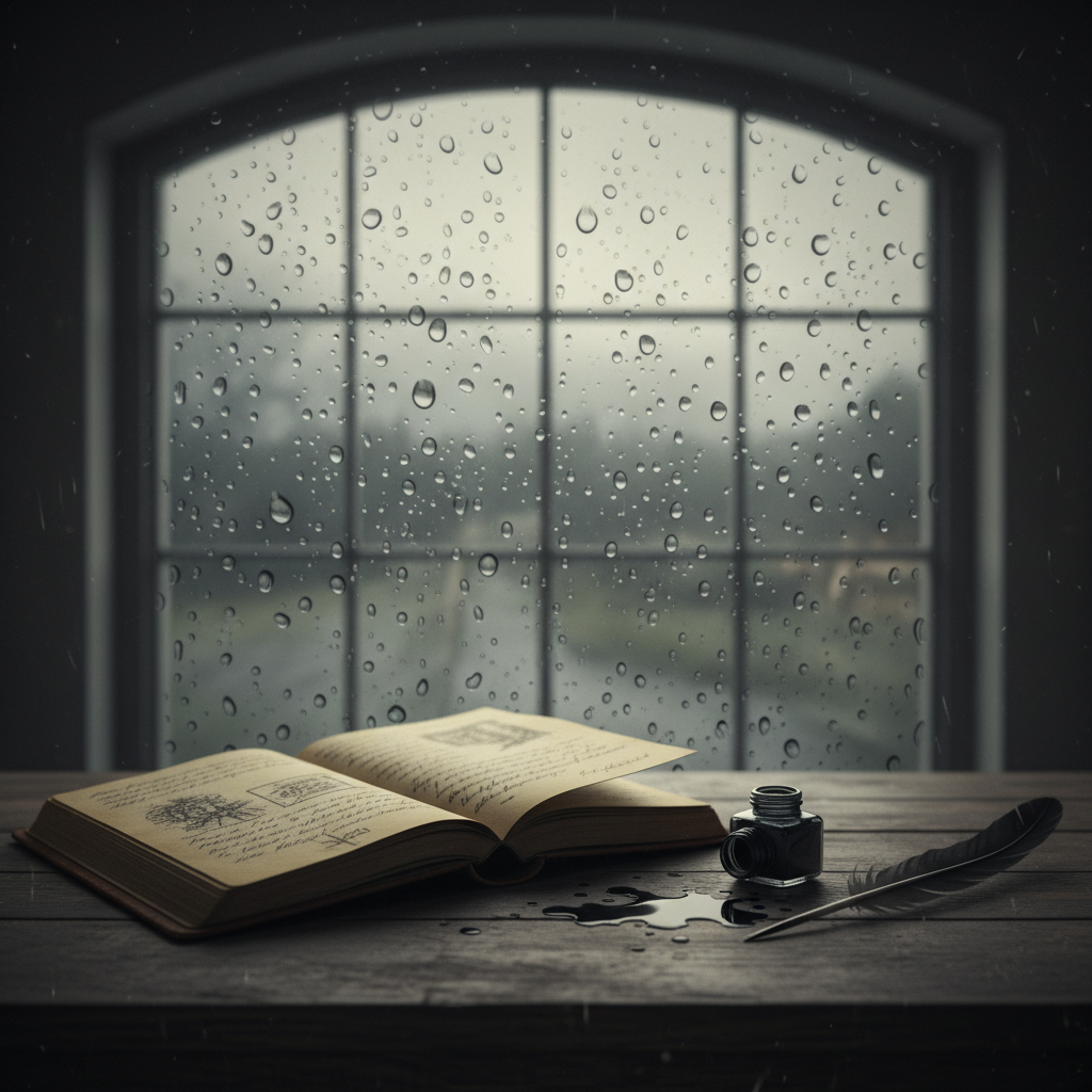 A vintage notebook open on a wooden table near a rainy window, a quill pen and spilled ink, moody lighting, soft focus on raindrops on the glass, nostalgic and sad aesthetic.