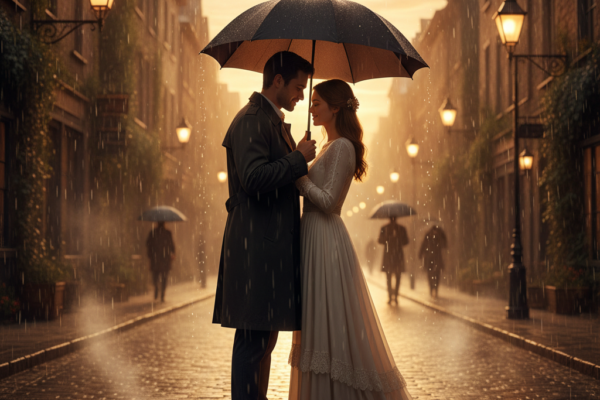 A romantic couple standing under a classic black u