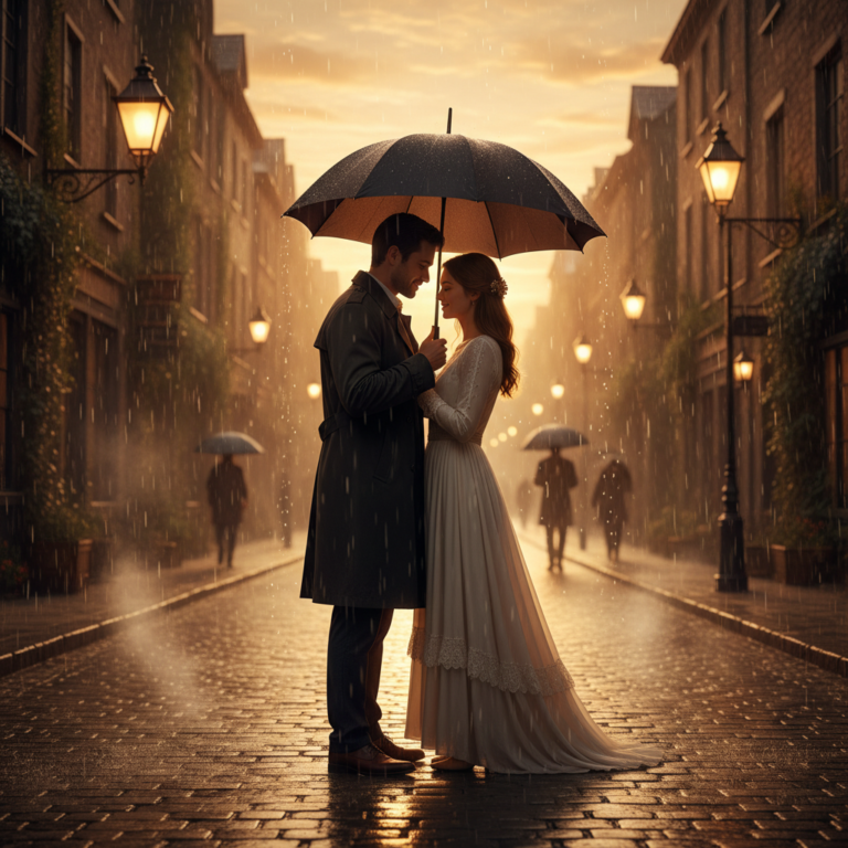 A romantic couple standing under a classic black u