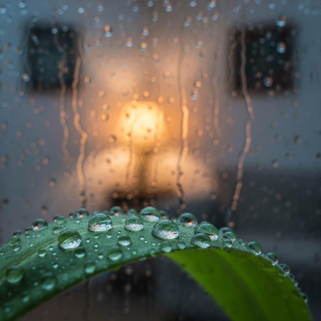 Macro shot of clear raindrops on a green leaf with a blurred background of a rainy window and a warm glowing lamp inside a cozy room.