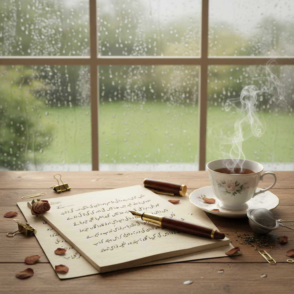 A beautiful aesthetic flat lay of a handwritten Urdu poetry notebook, a fountain pen, and a cup of steaming tea on a wooden table near a rainy window.