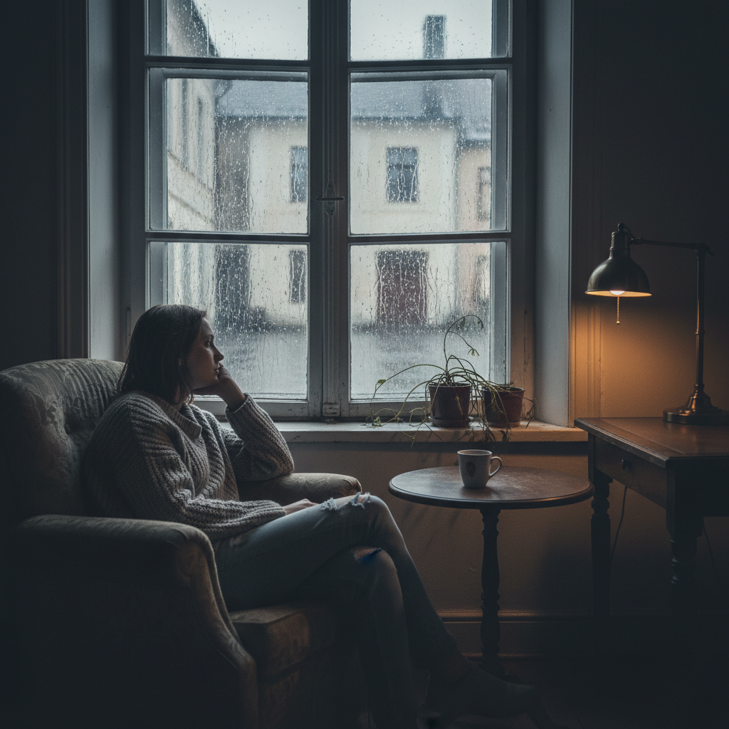 A lonely person sitting near a wooden window, watching the heavy rain fall outside, feeling nostalgic, soft moody lighting, realistic photography style.