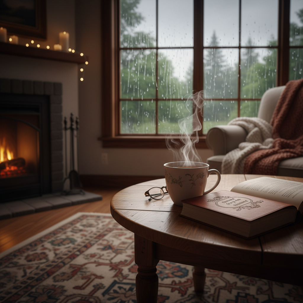 A cozy indoor setting during rain, showing a cup of steaming tea, a book of poetry, and rain visible through the window, warm and inviting atmosphere, high detail.