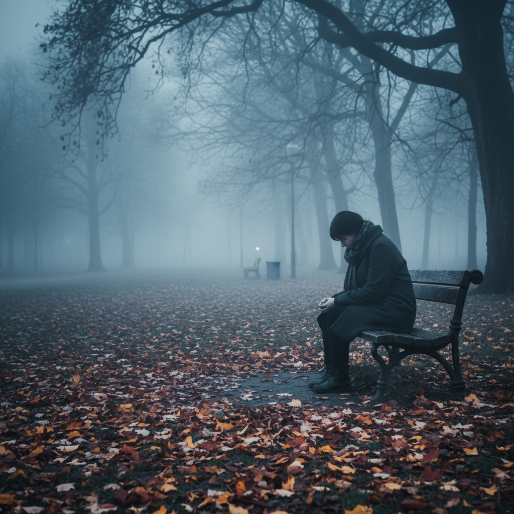 A lonely person sitting on a wooden bench in a foggy park during autumn, fallen leaves all around, melancholic and sad atmosphere, cinematic blue tones.
